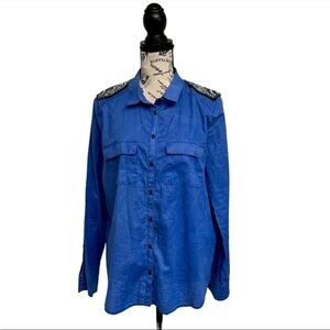 NWT MNG Barcelona Blue BUTTON DOWN BLOUSE Shirt BEADED EPAULETTE Shoulders L